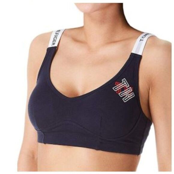 TOMMY HILFIGER PRINT LOGO NAVY BLAZER LONGLINE SPORTS BRA BRALETTE SIZE LARGE - Picture 1 of 3